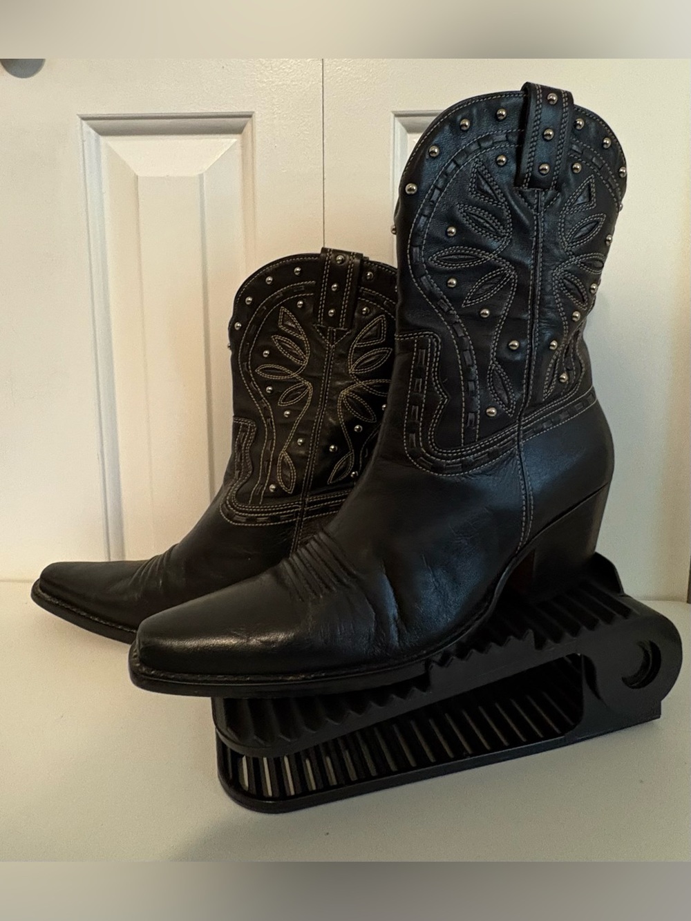 COLE HAAN Calf High Black Leather Silver Studded Western Boots